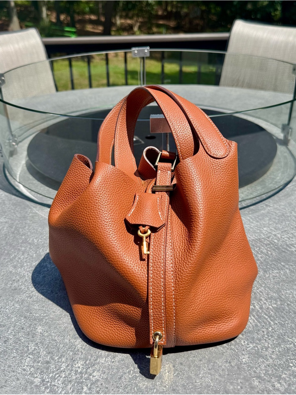 Brown Pebbled Leather Bucket Bag Gold Hardware Drawstring 100% Genuine Leather